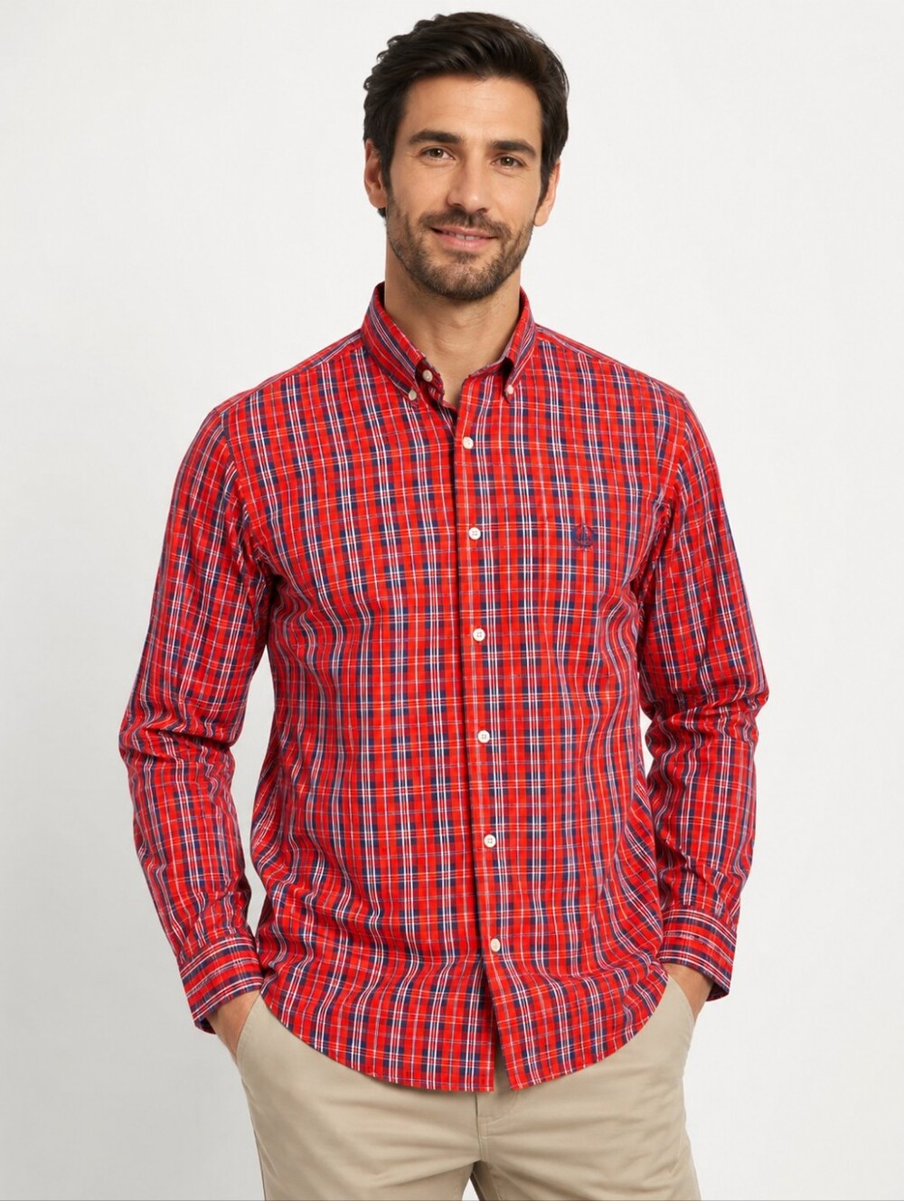 Chaps‎ Ralph Lauren Plaid Button Down Shirt Red Navy Long Sleeve Crest Logo XL